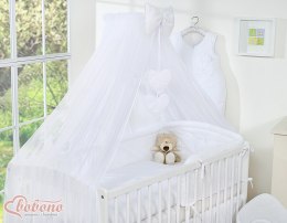 Duża moskitiera do łóżeczka dziecięcego z szyfonu z wiszącymi serduszkami i kokardką - biała