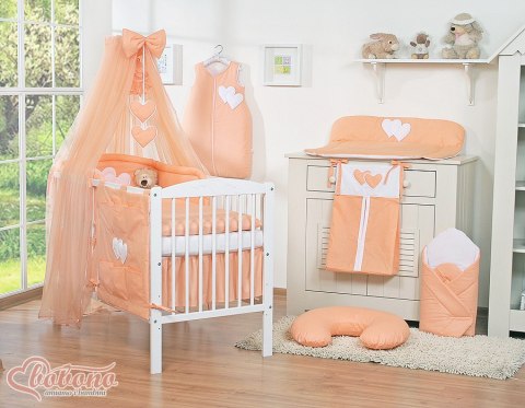 Duża moskitiera do łóżeczka dziecięcego z szyfonu z wiszącymi serduszkami i kokardką - brzoskwiniowa