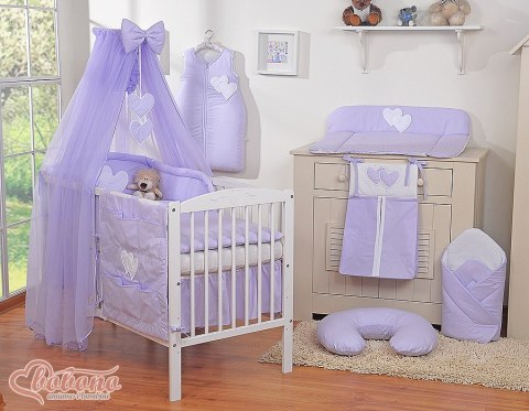 Duża moskitiera do łóżeczka dziecięcego z szyfonu z wiszącymi serduszkami i kokardką - fioletowa