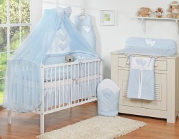 Duża moskitiera do łóżeczka dziecięcego z szyfonu z wiszącymi serduszkami i kokardką - niebieska