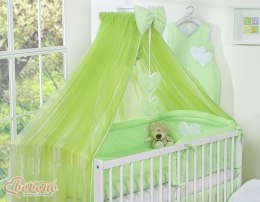 Duża moskitiera do łóżeczka dziecięcego z szyfonu z wiszącymi serduszkami i kokardką - zielona