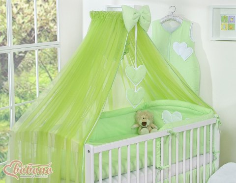 Duża moskitiera do łóżeczka dziecięcego z szyfonu z wiszącymi serduszkami i kokardką - zielona