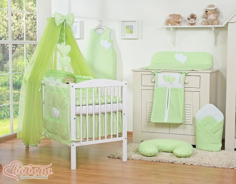 Duża moskitiera do łóżeczka dziecięcego z szyfonu z wiszącymi serduszkami i kokardką - zielona