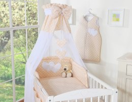 Pościel 5-cz 120x90 z baldachimem - Wiszące Serduszka białe grochy na beżu