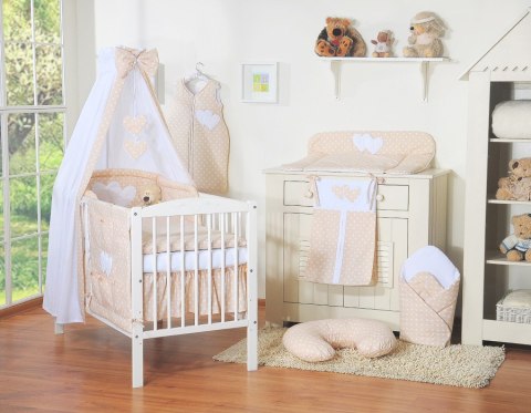 Pościel 5-cz 120x90 z baldachimem - Wiszące Serduszka białe grochy na beżu