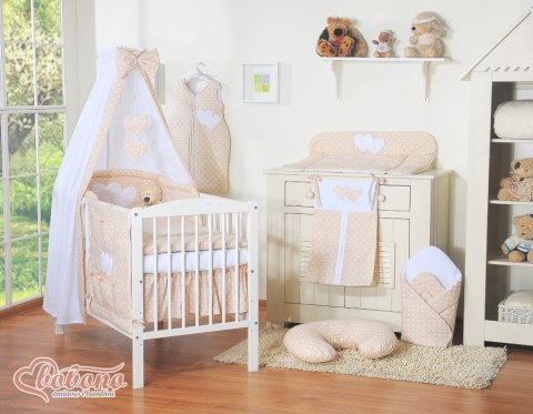 Pościel 5-cz 120x90 z baldachimem - Wiszące Serduszka białe grochy na beżu