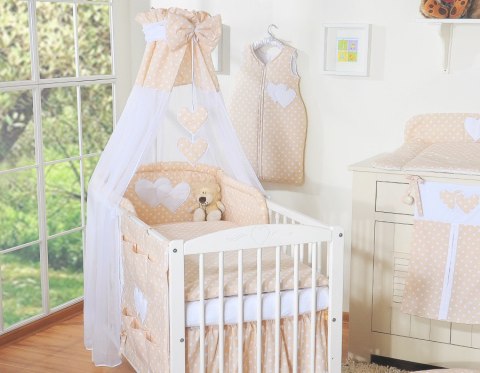 Pościel 5-cz 120x90 z baldachimem - Wiszące Serduszka białe grochy na beżu