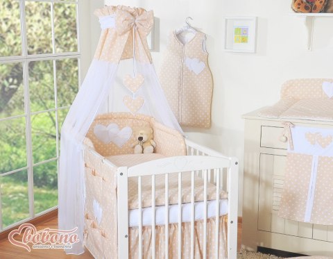 Pościel 5-cz 120x90 z baldachimem - Wiszące Serduszka białe grochy na beżu