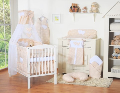 Pościel 5-cz 120x90 z baldachimem - Wiszące Serduszka białe grochy na beżu