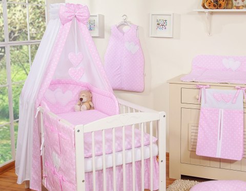 Pościel 5-cz 120x90 z baldachimem - Wiszące Serduszka białe grochy na różowym