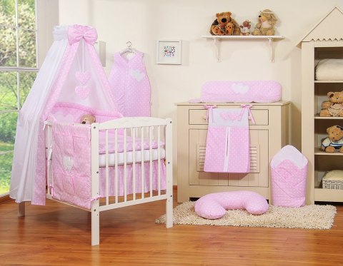 Pościel 5-cz 120x90 z baldachimem - Wiszące Serduszka białe grochy na różowym