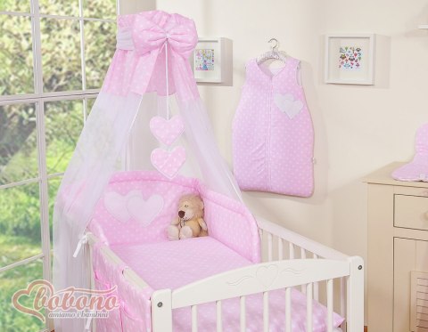 Pościel 5-cz 120x90 z baldachimem - Wiszące Serduszka białe grochy na różowym