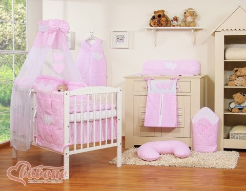 Pościel 5-cz 120x90 z baldachimem - Wiszące Serduszka białe grochy na różowym