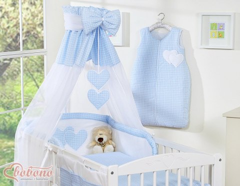 Pościel 5-cz 120x90 z baldachimem - Wiszące Serduszka kratka niebieska