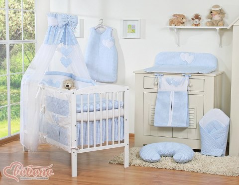 Pościel 5-cz 120x90 z baldachimem - Wiszące Serduszka kratka niebieska