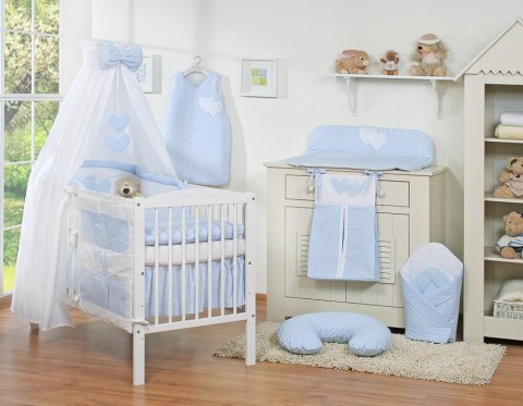 Pościel 5-cz 120x90 z baldachimem - Wiszące Serduszka kratka niebieska