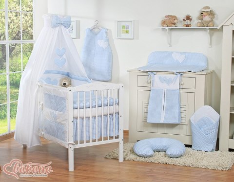 Pościel 5-cz 120x90 z baldachimem - Wiszące Serduszka kratka niebieska