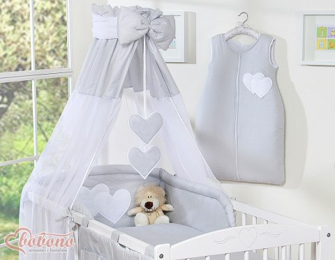 Pościel 5-cz 120x90 z baldachimem - Wiszące Serduszka szare