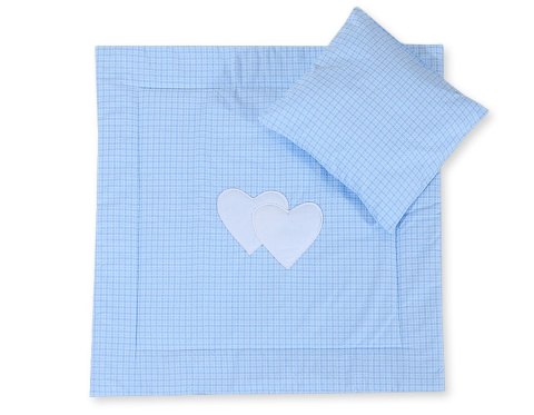 Pościel do wózka z wypełnieniem kołderka i poduszka - Serduszka kratka niebieska