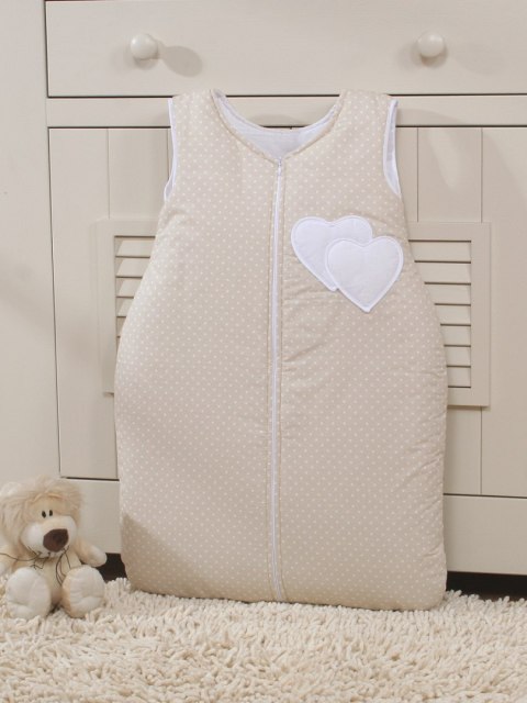 Śpiworek dla dzieci bawełniany M 6-12 mcy TOG 2.5 całoroczny ocieplany serduszka kropki na beżu