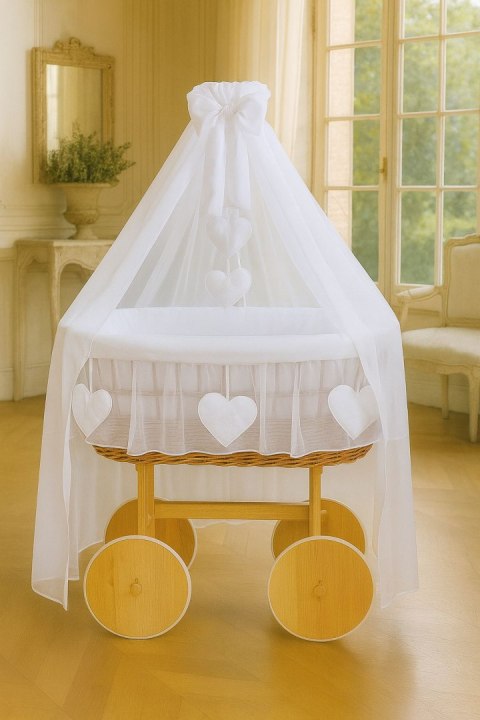 Wiklinowy kosz Mojżesza z baldachimem Deluxe Amelia - naturalny + biała pościel