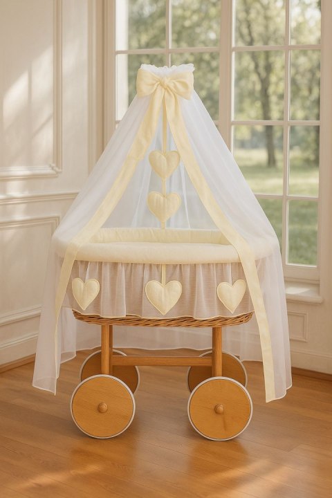 Wiklinowy kosz Mojżesza z baldachimem Deluxe Amelia - naturalny + kremowa pościel