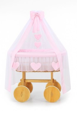 Wiklinowy kosz Mojżesza z baldachimem Deluxe Amelia - naturalny + różowa pościel