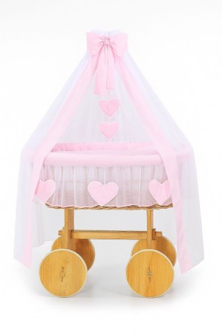 Wiklinowy kosz Mojżesza z baldachimem Deluxe Amelia - naturalny + różowa pościel