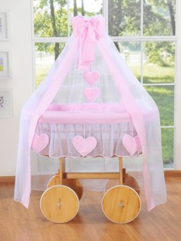 Wiklinowy kosz Mojżesza z baldachimem Deluxe Amelia - naturalny + różowa pościel