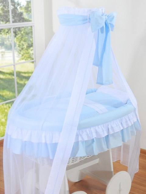 Wiklinowy kosz Mojżesza z baldachimem Deluxe Bellamy - biały + niebieska pościel