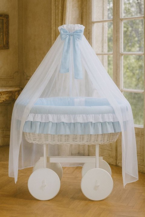 Wiklinowy kosz Mojżesza z baldachimem Deluxe Bellamy - biały + niebieska pościel