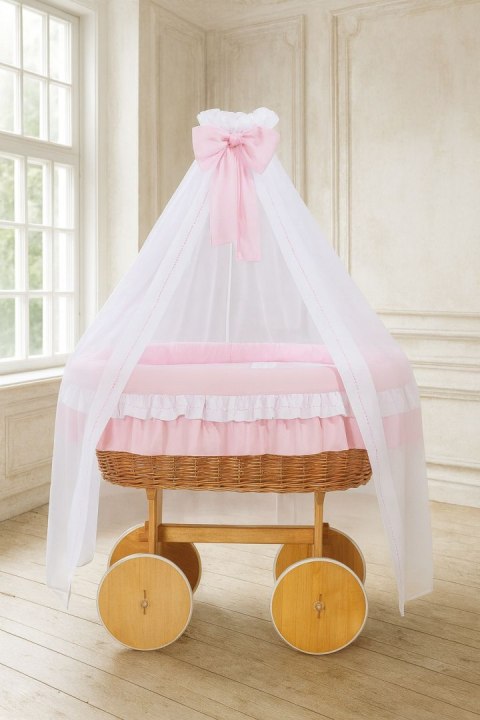 Wiklinowy kosz Mojżesza z baldachimem Deluxe Bellamy - naturalny + różowa pościel