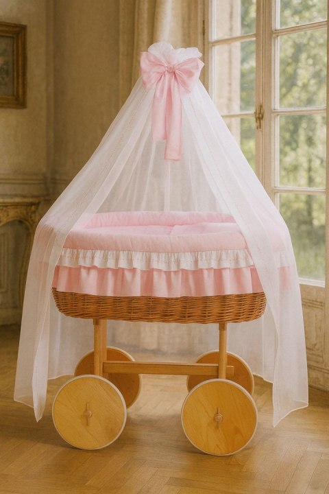 Wiklinowy kosz Mojżesza z baldachimem Deluxe Bellamy - naturalny + różowa pościel