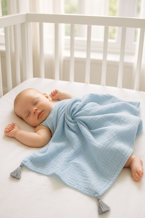Muślinowy kocyk dla niemowląt z chwostami - blue