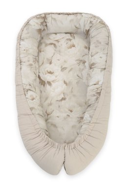 Kokon niemowlęcy dwustronny kojec otulacz Premium BOBONO- Peonies beige/ kamienna szarość