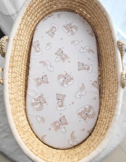 Prześcieradło bawełniane do kosza Mojżesza Boho wózka gondoli 75x35 cm - beżowy miś z tęczą