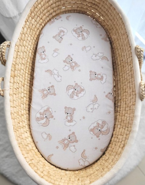 Prześcieradło bawełniane do kosza Mojżesza Boho wózka gondoli 75x35 cm - beżowy miś z tęczą