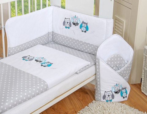 Komplet pościeli dla dzieci 135x100cm z ochraniaczem 3-cz Sówki szare z haftem szaro-turkusowym