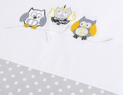 Komplet pościeli dla dzieci 135x100cm z ochraniaczem 3-cz Sówki szare z haftem szaro-żółtym