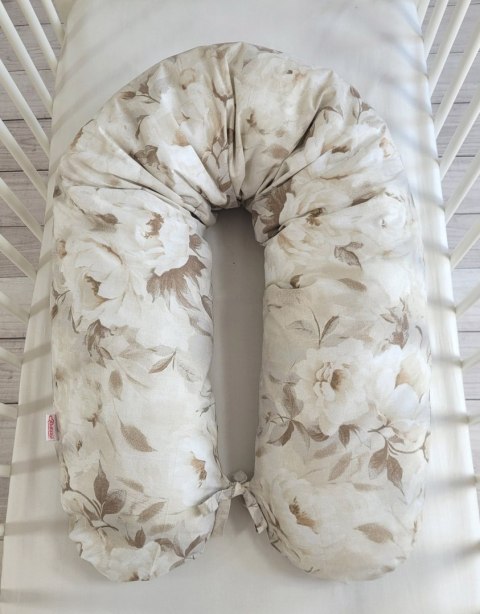 Poduszka ciążowa Longer dla kobiet w ciąży do spania + zdejmowana poszewka - Peonies beige