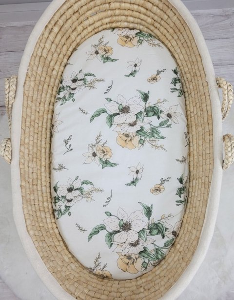 Prześcieradło bawełniane do kosza Mojżesza Boho wózka gondoli 75x35 cm - Clematis on beige