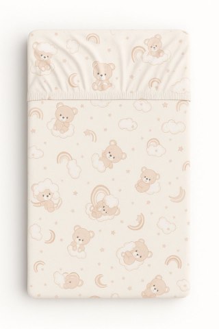 Prześcieradło bawełniane z gumką do łóżeczka 120x60 cm - beżowy miś z tęczą