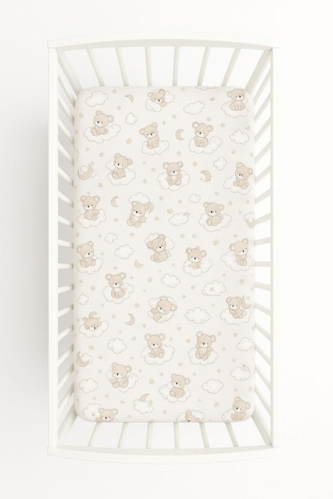 Prześcieradło bawełniane z gumką do łóżeczka 120x60 cm - beżowy miś z tęczą