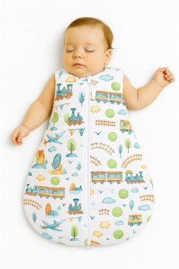 Śpiworek dla dzieci bawełniany zaokrąglony S 0-6 mcy letni TOG 1.0 - pociąg turkusowy