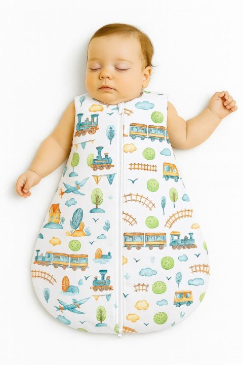 Śpiworek dla dzieci bawełniany zaokrąglony S 0-6 mcy letni TOG 1.0 - pociąg turkusowy
