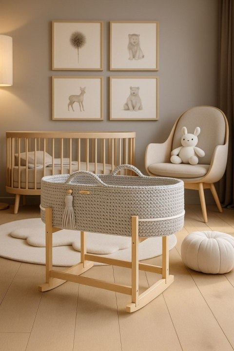 Kosz Mojżesza BOHO Handmade z kołyską - jasny szary