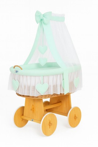 Wiklinowy kosz Mojżesza z baldachimem Amelia - naturalny + miętowa pościel