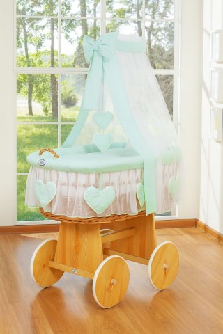 Wiklinowy kosz Mojżesza z baldachimem Amelia - naturalny + miętowa pościel