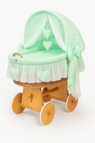 Wiklinowy kosz Mojżesza ze składaną budką Amelia - naturalny + miętowa pościel