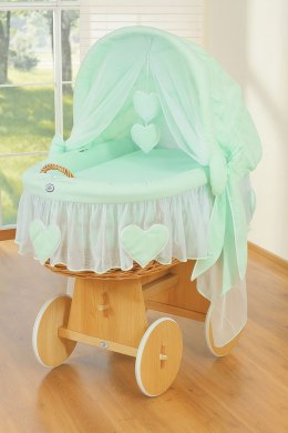 Wiklinowy kosz Mojżesza ze składaną budką Amelia - naturalny + miętowa pościel